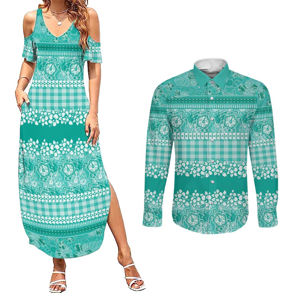 Hawaiian Hibiscus Honu Couples Matching Summer Maxi Dress and Long Sleeve Button Shirt Turquoise Mele Kalikimaka Palaka Spirit LT9 Turquoise - Polynesian Pride