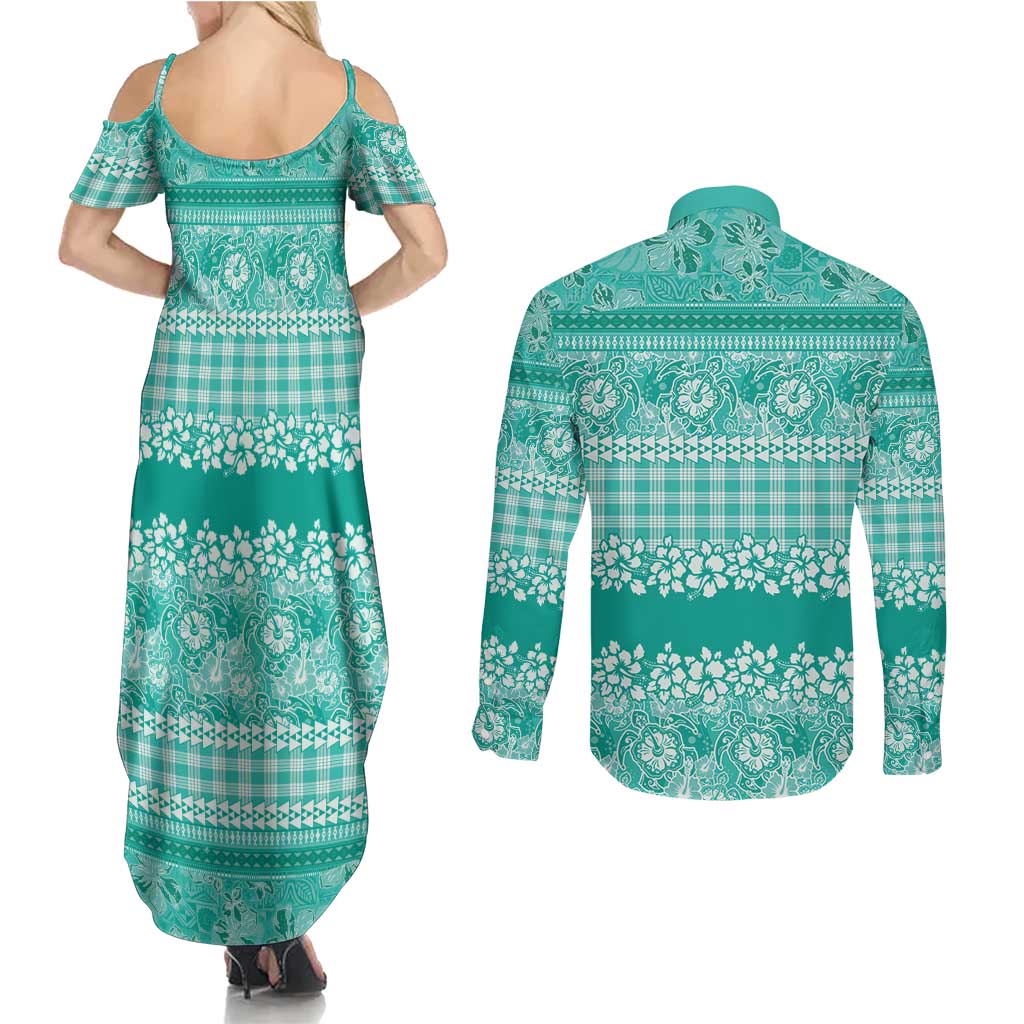 Hawaiian Hibiscus Honu Couples Matching Summer Maxi Dress and Long Sleeve Button Shirt Turquoise Mele Kalikimaka Palaka Spirit LT9 - Polynesian Pride