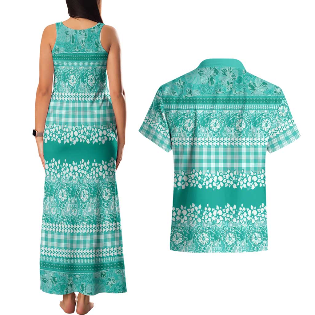 Hawaiian Hibiscus Honu Couples Matching Tank Maxi Dress and Hawaiian Shirt Turquoise Mele Kalikimaka Palaka Spirit LT9 - Polynesian Pride