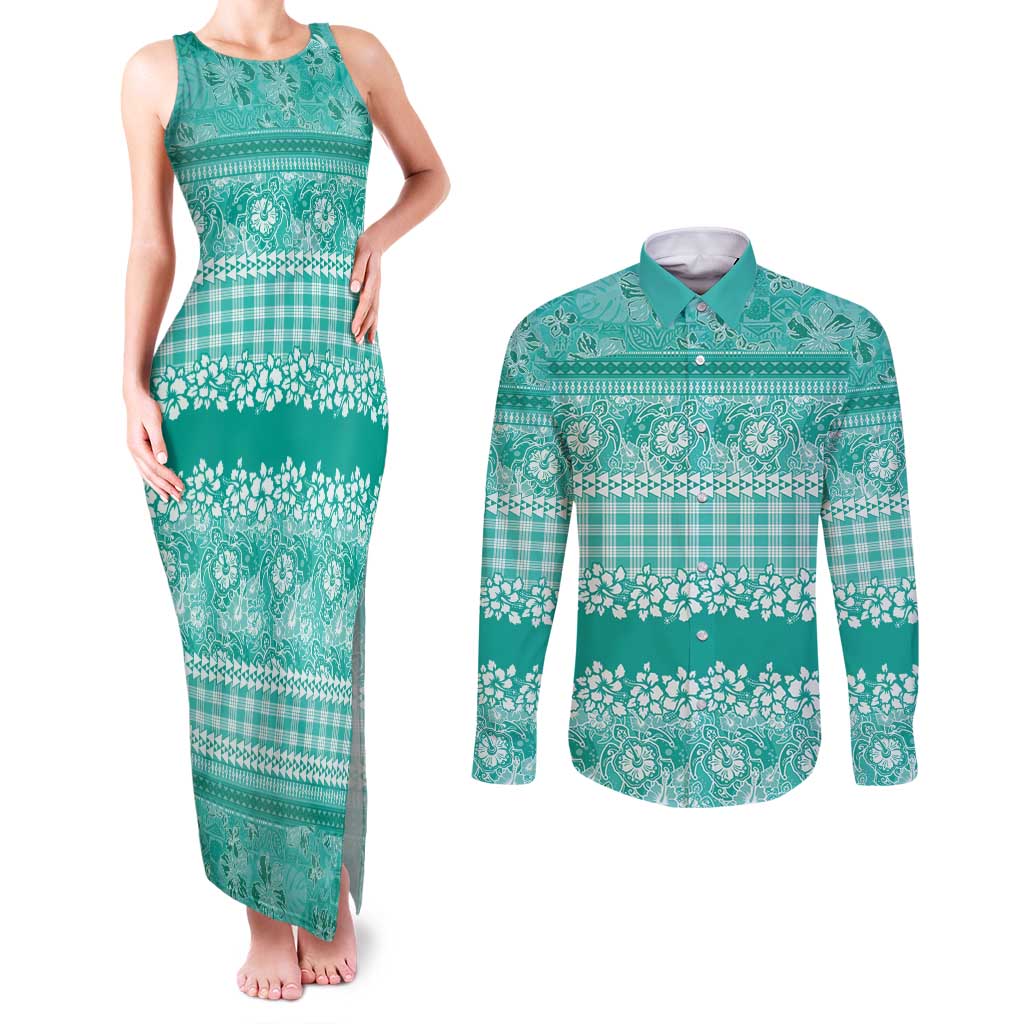 Hawaiian Hibiscus Honu Couples Matching Tank Maxi Dress and Long Sleeve Button Shirt Turquoise Mele Kalikimaka Palaka Spirit LT9 Turquoise - Polynesian Pride