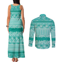Hawaiian Hibiscus Honu Couples Matching Tank Maxi Dress and Long Sleeve Button Shirt Turquoise Mele Kalikimaka Palaka Spirit LT9 - Polynesian Pride