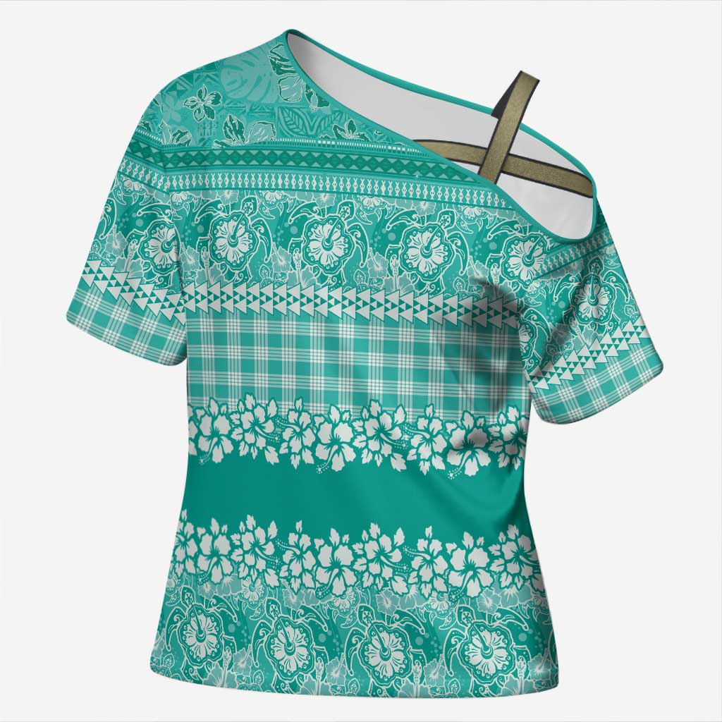 Hawaiian Hibiscus Honu Cross Shoulder Shirt Turquoise Mele Kalikimaka Palaka Spirit - Polynesian Pride