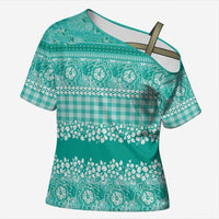 Hawaiian Hibiscus Honu Cross Shoulder Shirt Turquoise Mele Kalikimaka Palaka Spirit LT9 Female Turquoise - Polynesian Pride