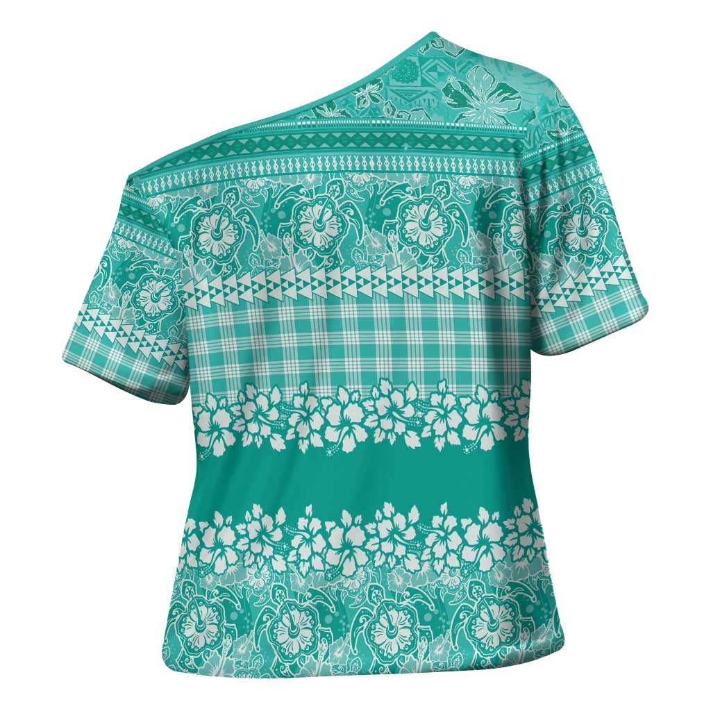 Hawaiian Hibiscus Honu Cross Shoulder Shirt Turquoise Mele Kalikimaka Palaka Spirit LT9 - Polynesian Pride