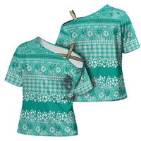 Hawaiian Hibiscus Honu Cross Shoulder Shirt Turquoise Mele Kalikimaka Palaka Spirit LT9 - Polynesian Pride
