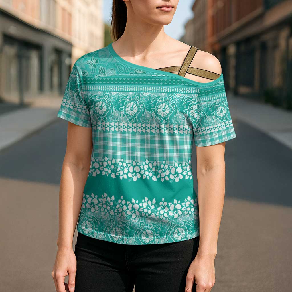 Hawaiian Hibiscus Honu Cross Shoulder Shirt Turquoise Mele Kalikimaka Palaka Spirit LT9 - Polynesian Pride