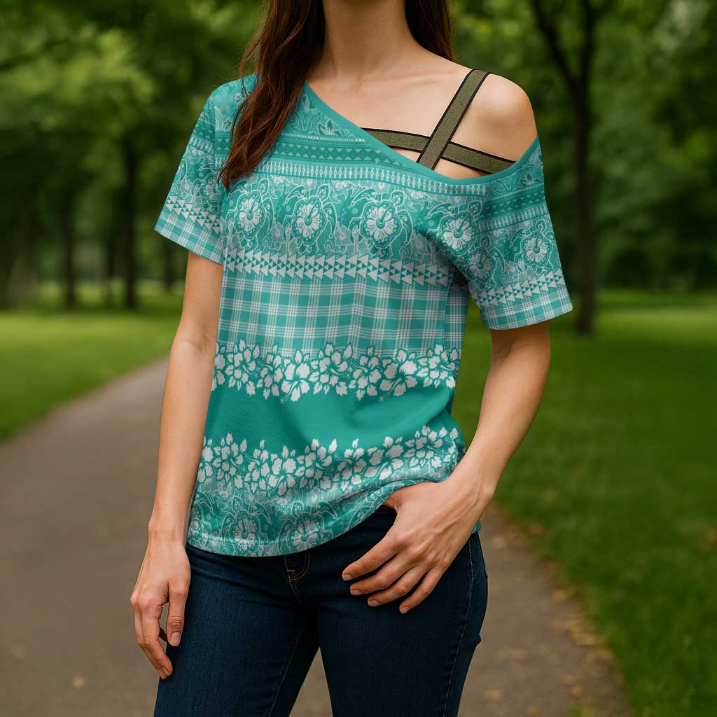 Hawaiian Hibiscus Honu Cross Shoulder Shirt Turquoise Mele Kalikimaka Palaka Spirit LT9 - Polynesian Pride