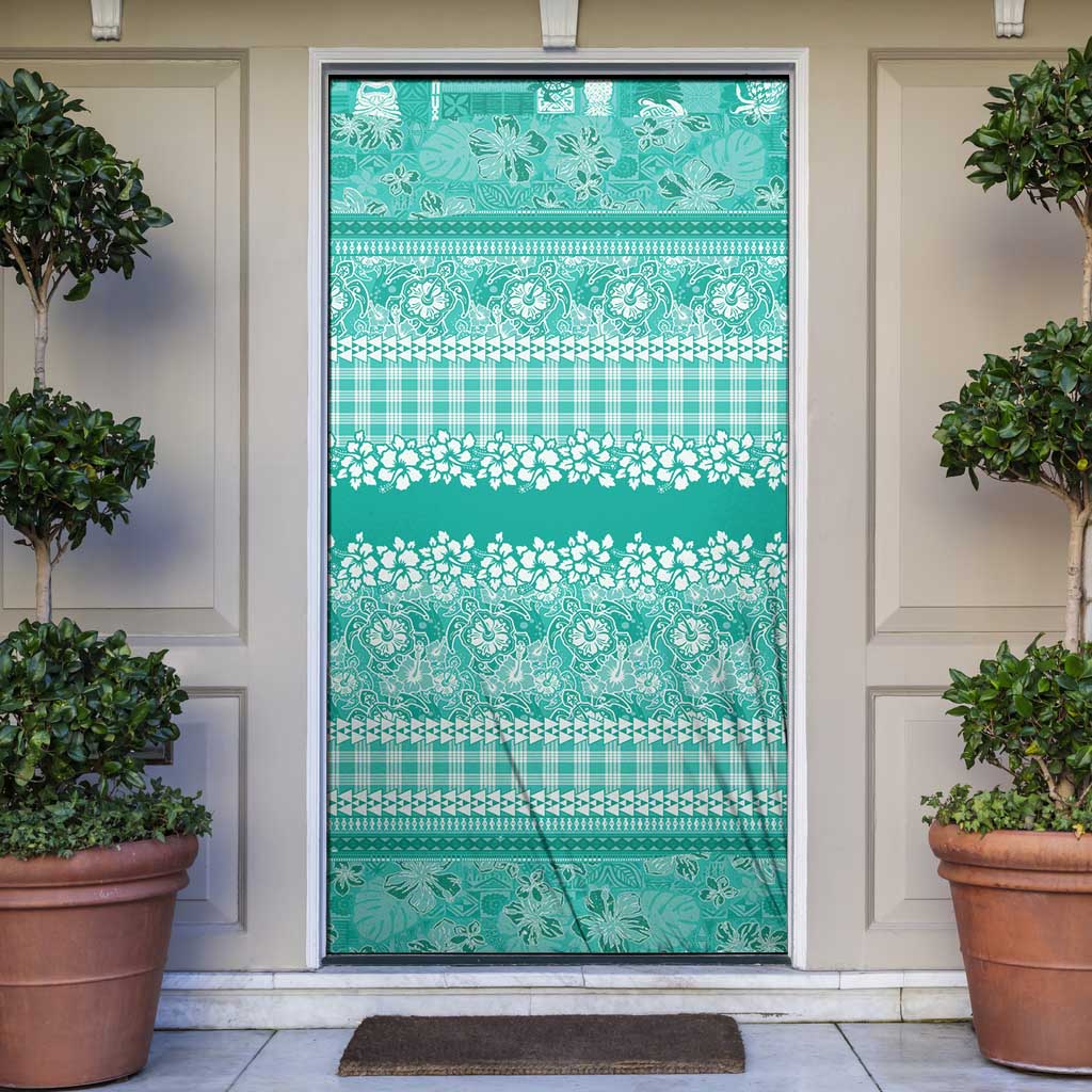 Hawaiian Hibiscus Honu Door Cover Turquoise Mele Kalikimaka Palaka Spirit LT9 Turquoise - Polynesian Pride
