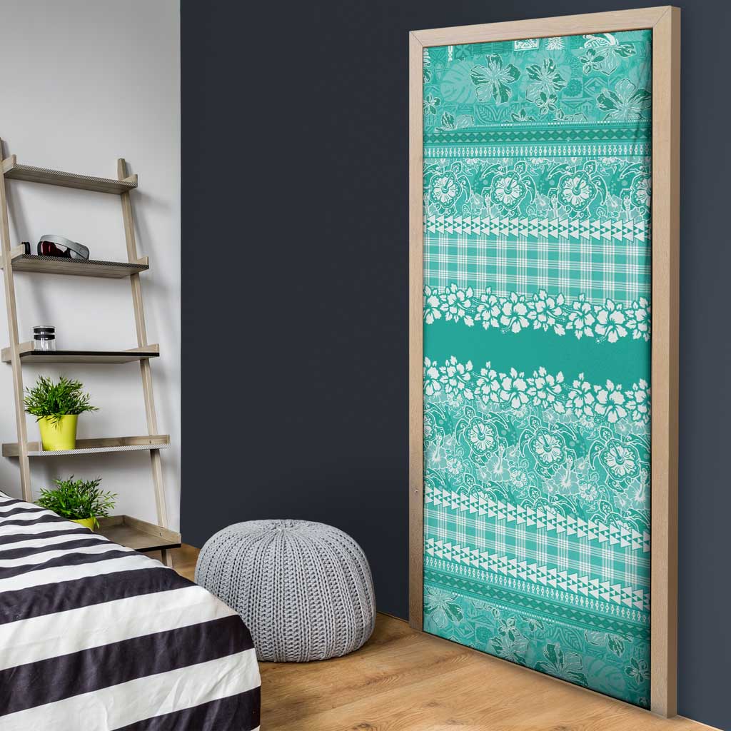 Hawaiian Hibiscus Honu Door Cover Turquoise Mele Kalikimaka Palaka Spirit LT9 - Polynesian Pride