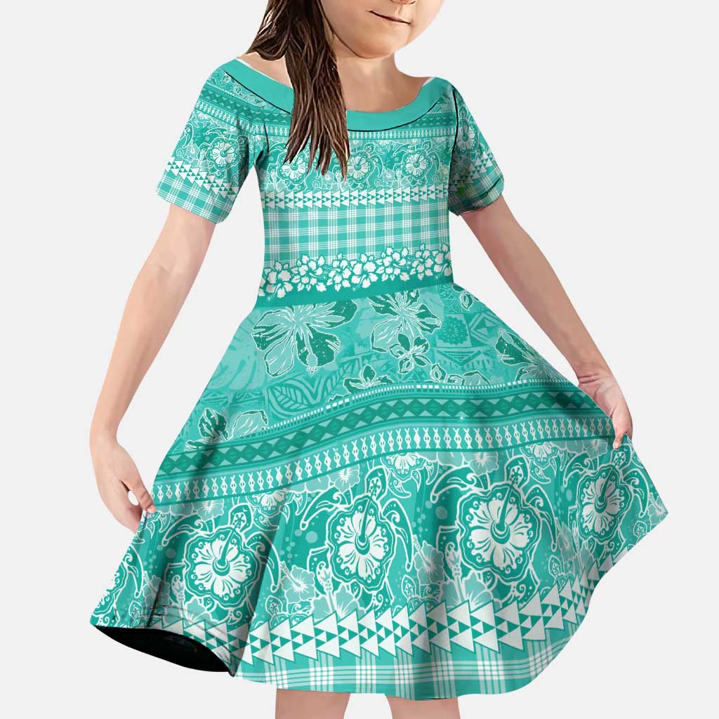 Hawaiian Hibiscus Honu Family Matching Mermaid Dress and Hawaiian Shirt Turquoise Mele Kalikimaka Palaka Spirit LT9 Daughter's Dress Turquoise - Polynesian Pride
