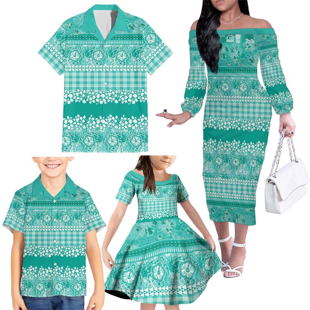 Hawaiian Hibiscus Honu Family Matching Off The Shoulder Long Sleeve Dress and Hawaiian Shirt Turquoise Mele Kalikimaka Palaka Spirit LT9 - Polynesian Pride