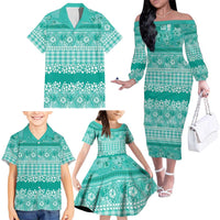 Hawaiian Hibiscus Honu Family Matching Off The Shoulder Long Sleeve Dress and Hawaiian Shirt Turquoise Mele Kalikimaka Palaka Spirit LT9 - Polynesian Pride
