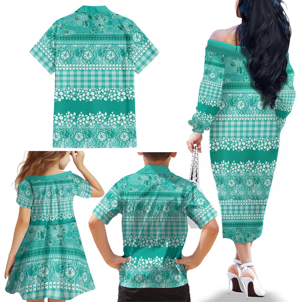 Hawaiian Hibiscus Honu Family Matching Off The Shoulder Long Sleeve Dress and Hawaiian Shirt Turquoise Mele Kalikimaka Palaka Spirit LT9 - Polynesian Pride