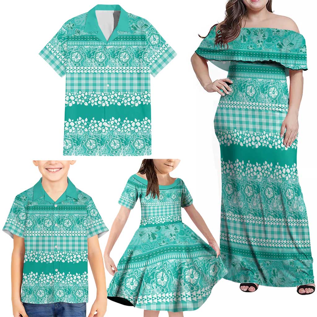Hawaiian Hibiscus Honu Family Matching Off Shoulder Maxi Dress and Hawaiian Shirt Turquoise Mele Kalikimaka Palaka Spirit LT9 - Polynesian Pride