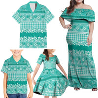 Hawaiian Hibiscus Honu Family Matching Off Shoulder Maxi Dress and Hawaiian Shirt Turquoise Mele Kalikimaka Palaka Spirit LT9 - Polynesian Pride