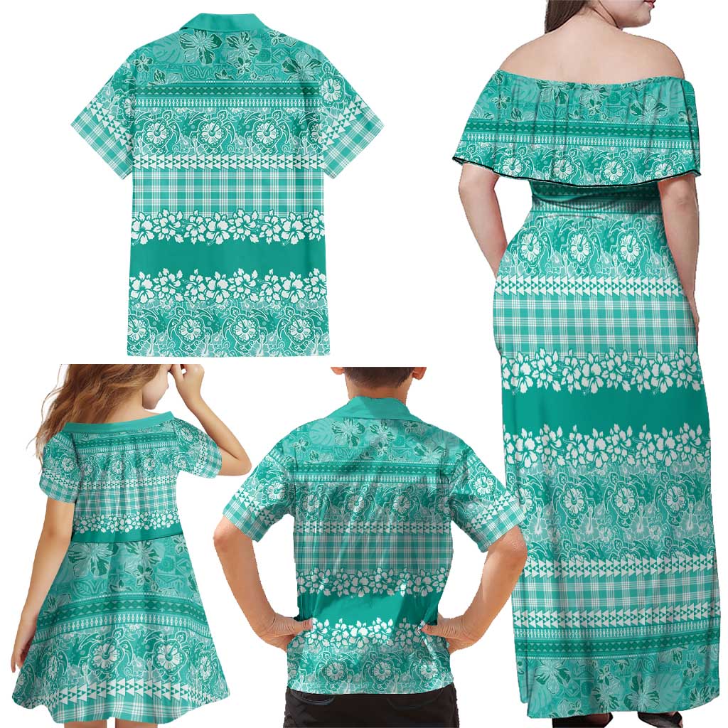 Hawaiian Hibiscus Honu Family Matching Off Shoulder Maxi Dress and Hawaiian Shirt Turquoise Mele Kalikimaka Palaka Spirit LT9 - Polynesian Pride