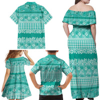 Hawaiian Hibiscus Honu Family Matching Off Shoulder Maxi Dress and Hawaiian Shirt Turquoise Mele Kalikimaka Palaka Spirit LT9 - Polynesian Pride