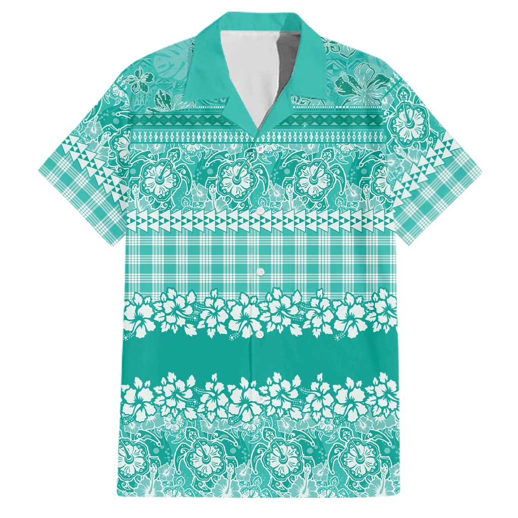 Hawaiian Hibiscus Honu Family Matching Off Shoulder Maxi Dress and Hawaiian Shirt Turquoise Mele Kalikimaka Palaka Spirit LT9 Dad's Shirt - Short Sleeve Turquoise - Polynesian Pride