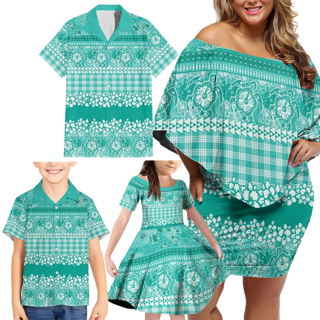 Hawaiian Hibiscus Honu Family Matching Off Shoulder Short Dress and Hawaiian Shirt Turquoise Mele Kalikimaka Palaka Spirit LT9 - Polynesian Pride