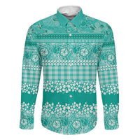 Hawaiian Hibiscus Honu Family Matching Off Shoulder Short Dress and Hawaiian Shirt Turquoise Mele Kalikimaka Palaka Spirit LT9 Dad's Shirt - Long Sleeve Turquoise - Polynesian Pride