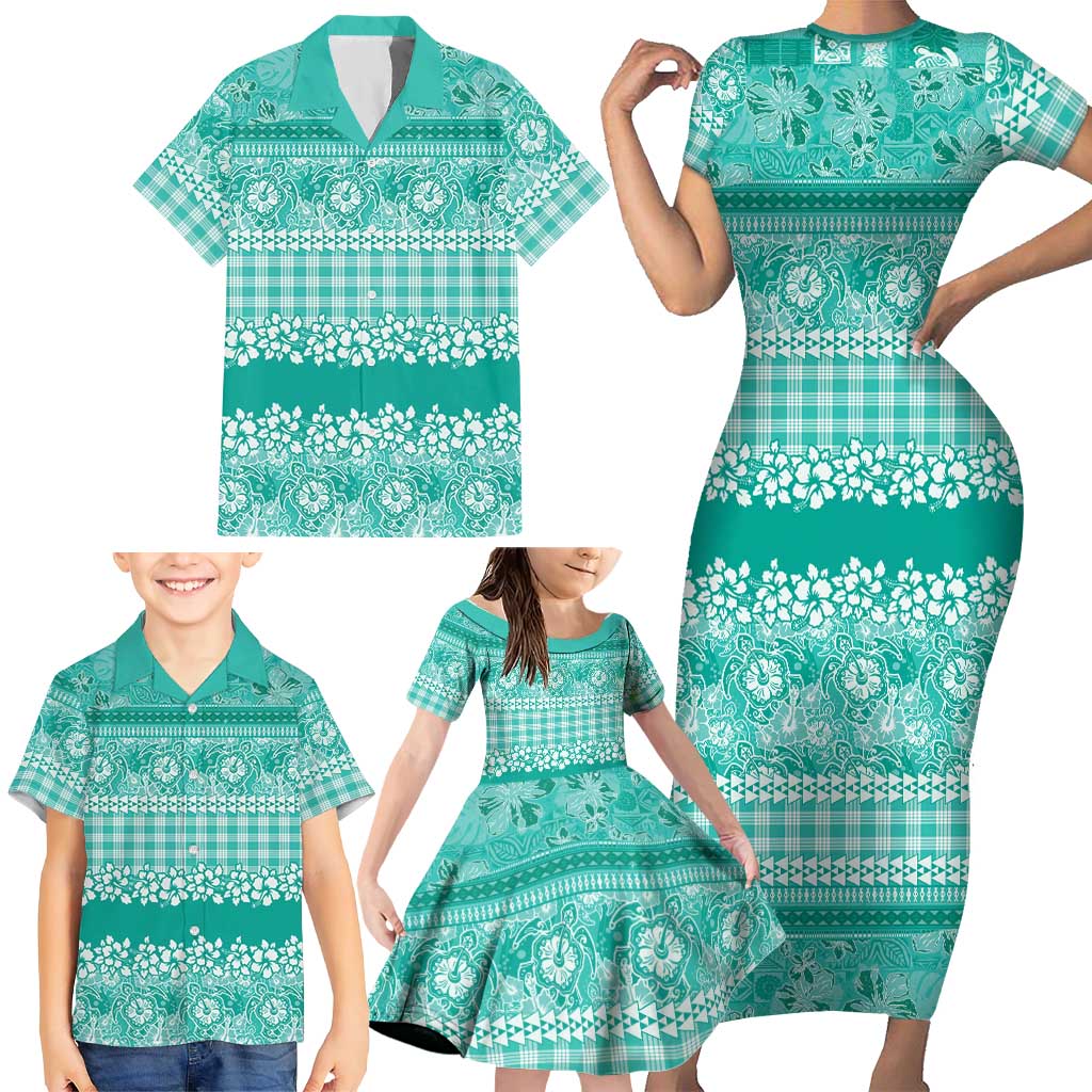 Hawaiian Hibiscus Honu Family Matching Short Sleeve Bodycon Dress and Hawaiian Shirt Turquoise Mele Kalikimaka Palaka Spirit LT9 - Polynesian Pride