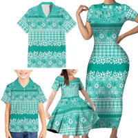 Hawaiian Hibiscus Honu Family Matching Short Sleeve Bodycon Dress and Hawaiian Shirt Turquoise Mele Kalikimaka Palaka Spirit LT9 - Polynesian Pride