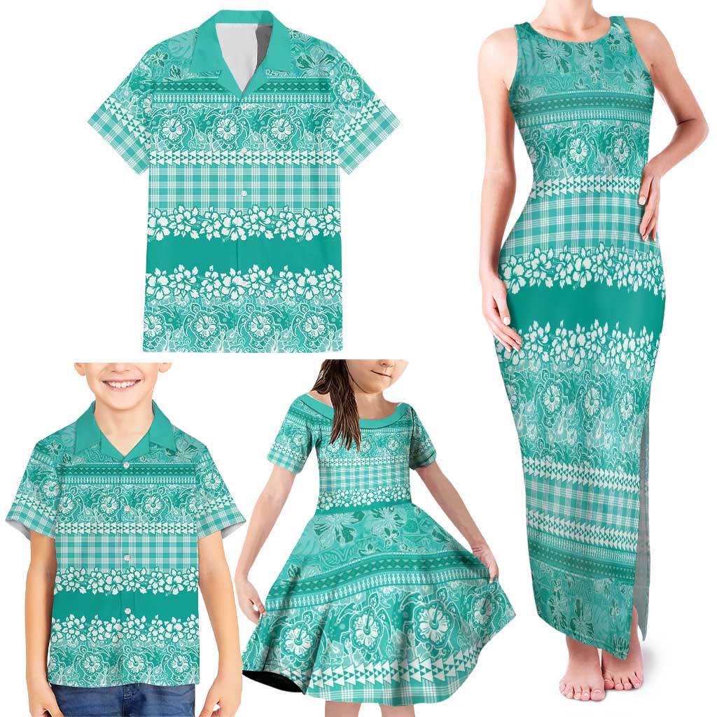 Hawaiian Hibiscus Honu Family Matching Tank Maxi Dress and Hawaiian Shirt Turquoise Mele Kalikimaka Palaka Spirit LT9 - Polynesian Pride
