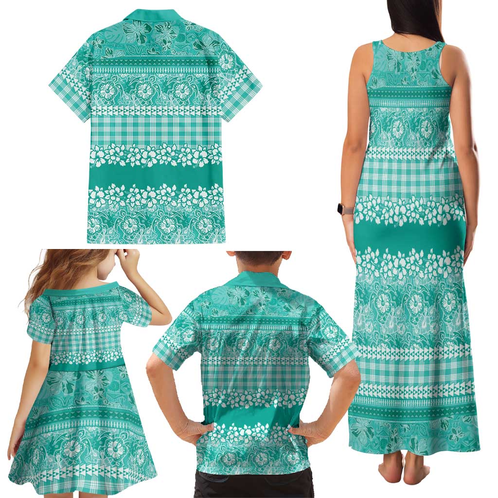Hawaiian Hibiscus Honu Family Matching Tank Maxi Dress and Hawaiian Shirt Turquoise Mele Kalikimaka Palaka Spirit LT9 - Polynesian Pride