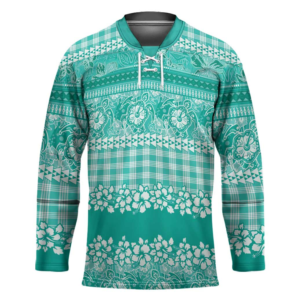 Hawaiian Hibiscus Honu Hockey Jersey Turquoise Mele Kalikimaka Palaka Spirit LT9 Unisex Turquoise - Polynesian Pride
