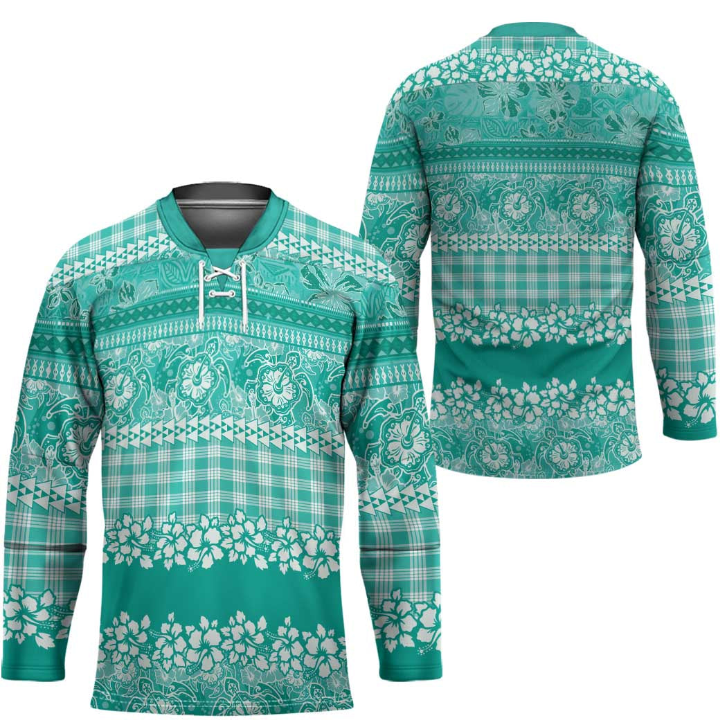 Hawaiian Hibiscus Honu Hockey Jersey Turquoise Mele Kalikimaka Palaka Spirit LT9 - Polynesian Pride