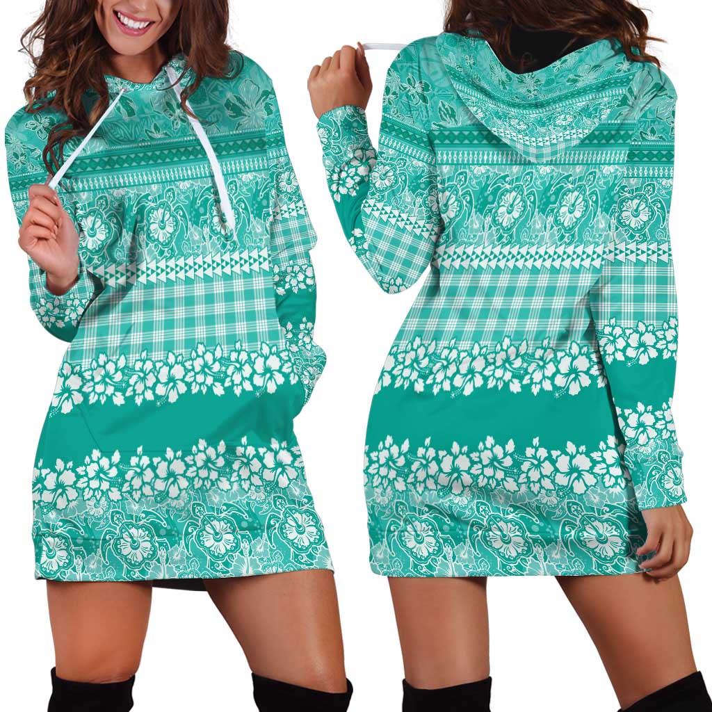 Hawaiian Hibiscus Honu Hoodie Dress Turquoise Mele Kalikimaka Palaka Spirit LT9 - Polynesian Pride