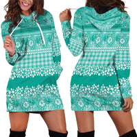 Hawaiian Hibiscus Honu Hoodie Dress Turquoise Mele Kalikimaka Palaka Spirit LT9 - Polynesian Pride