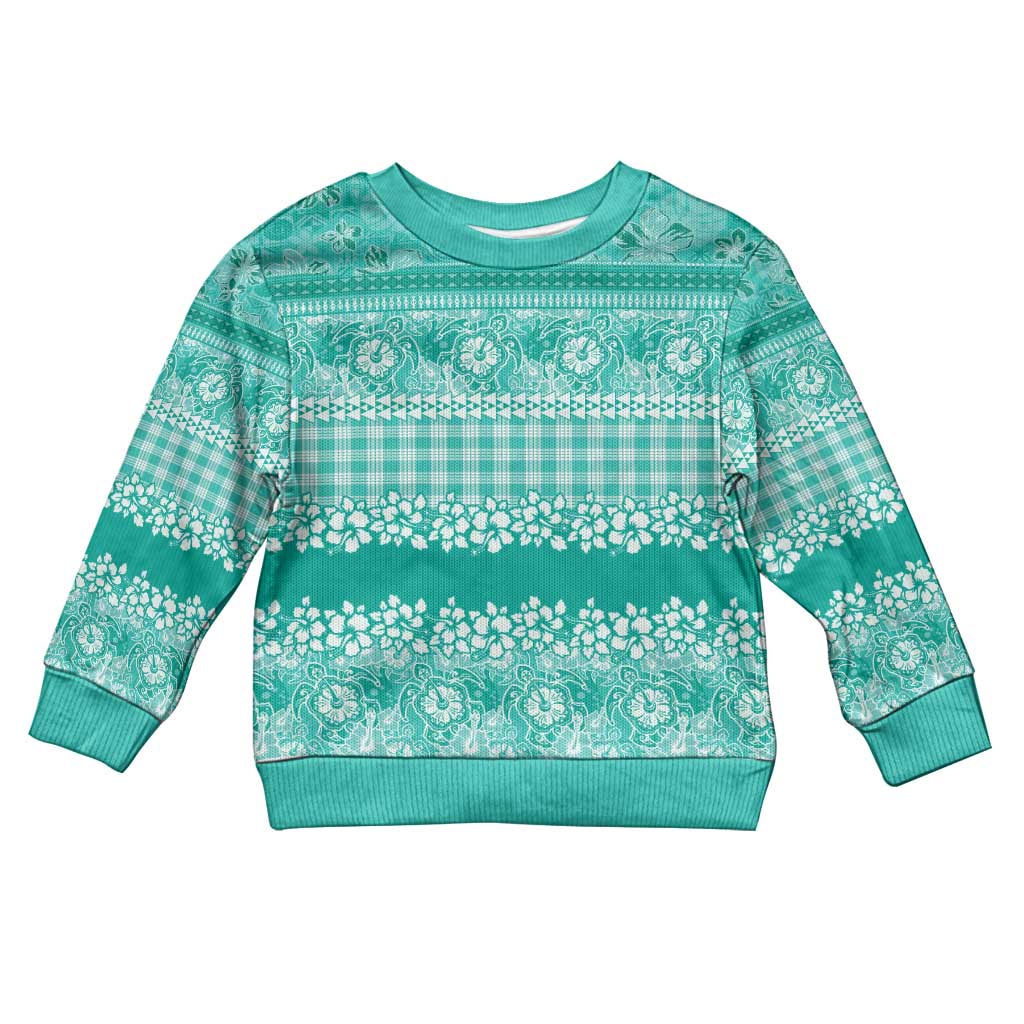 Hawaiian Hibiscus Honu Kid Ugly Christmas Sweater Turquoise Mele Kalikimaka Palaka Spirit LT9 Kid Turquoise - Polynesian Pride