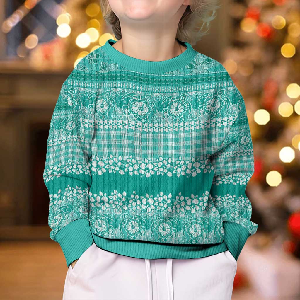 Hawaiian Hibiscus Honu Kid Ugly Christmas Sweater Turquoise Mele Kalikimaka Palaka Spirit LT9 - Polynesian Pride