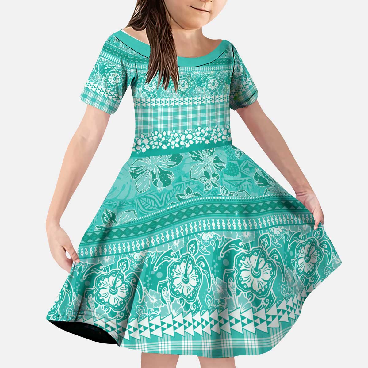 Hawaiian Hibiscus Honu Kid Short Sleeve Dress Turquoise Mele Kalikimaka Palaka Spirit LT9 KID Turquoise - Polynesian Pride