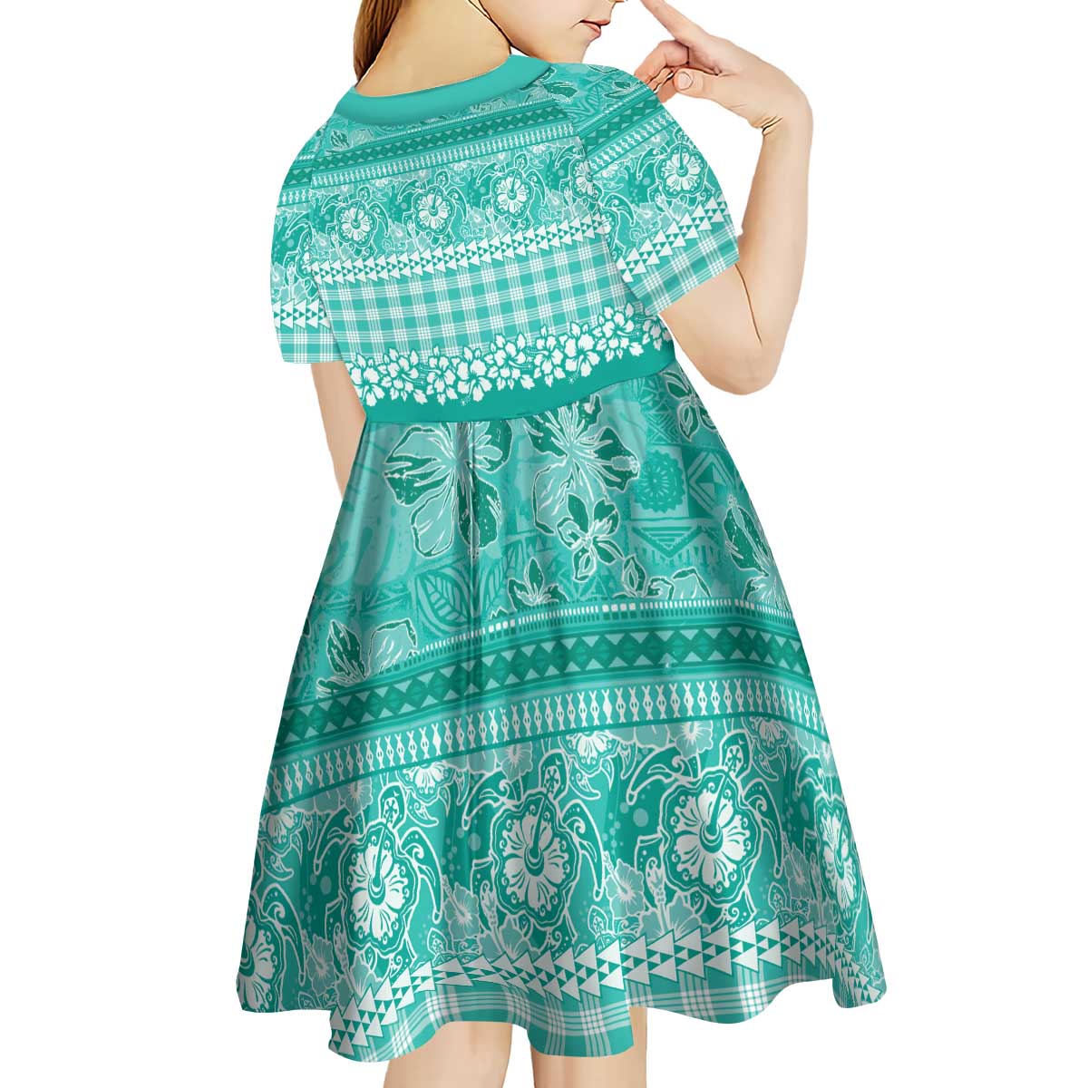 Hawaiian Hibiscus Honu Kid Short Sleeve Dress Turquoise Mele Kalikimaka Palaka Spirit LT9 - Polynesian Pride