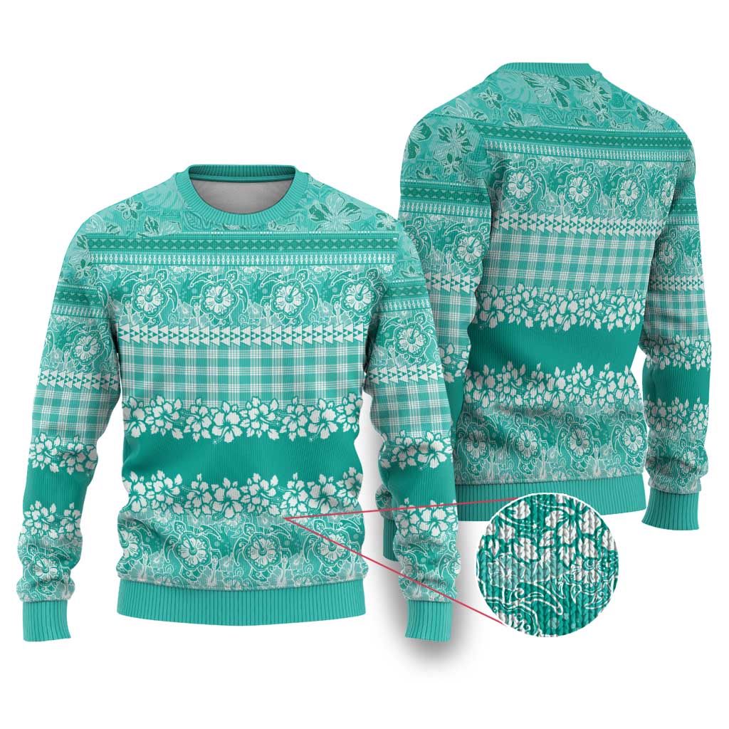 Hawaiian Hibiscus Honu Ugly Christmas Sweater Turquoise Mele Kalikimaka Palaka Spirit - Polynesian Pride