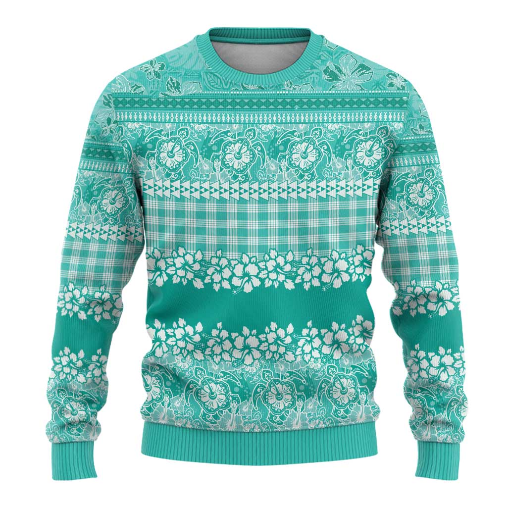 Hawaiian Hibiscus Honu Ugly Christmas Sweater Turquoise Mele Kalikimaka Palaka Spirit LT9 - Polynesian Pride