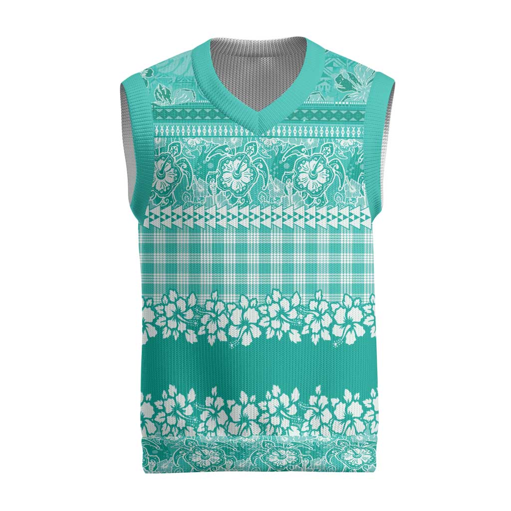 Hawaiian Hibiscus Honu Christmas Knitted V-Neck Vest Turquoise Mele Kalikimaka Palaka Spirit LT9 Turquoise - Polynesian Pride