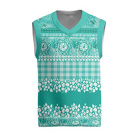 Hawaiian Hibiscus Honu Christmas Knitted V-Neck Vest Turquoise Mele Kalikimaka Palaka Spirit LT9 Turquoise - Polynesian Pride