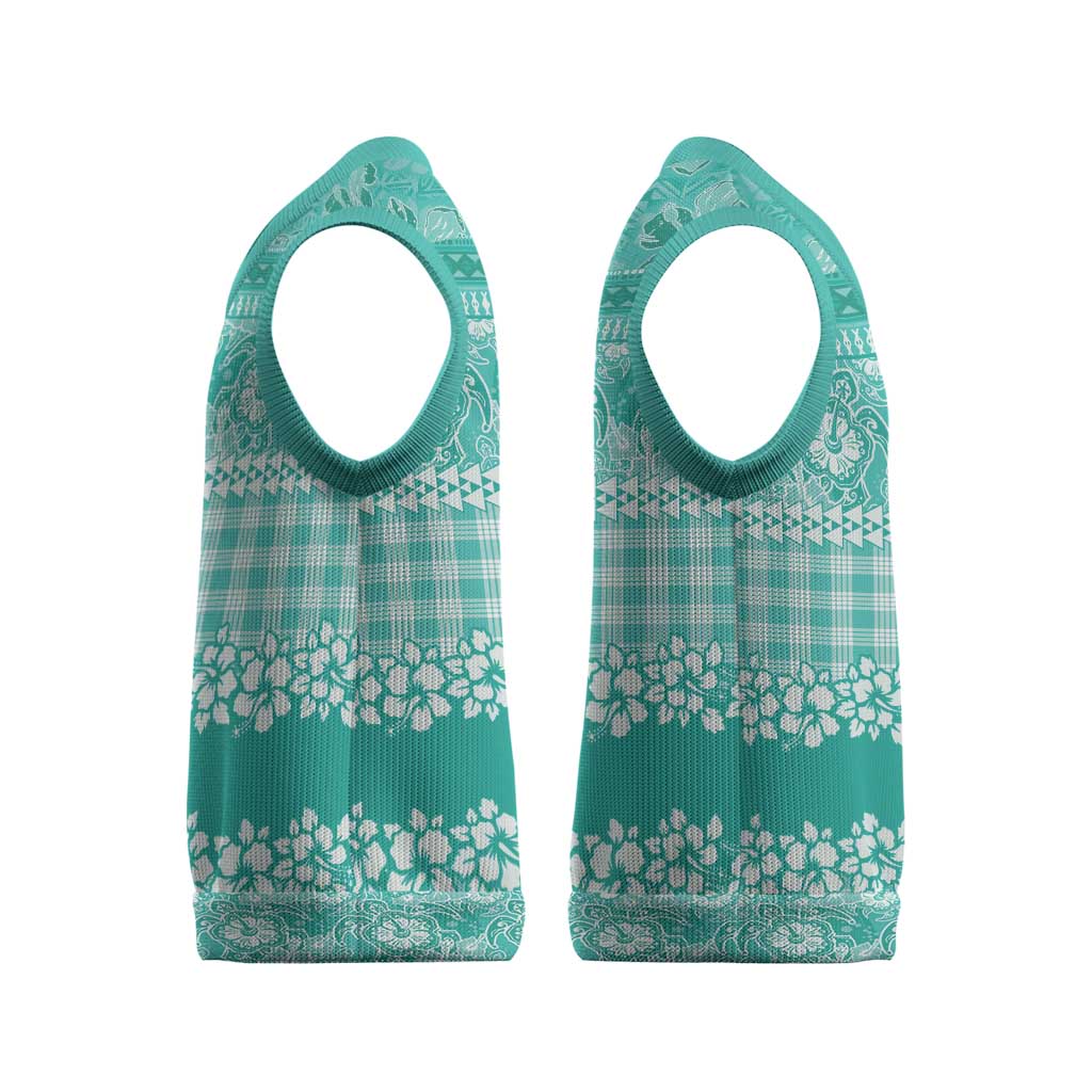 Hawaiian Hibiscus Honu Christmas Knitted V-Neck Vest Turquoise Mele Kalikimaka Palaka Spirit LT9 - Polynesian Pride