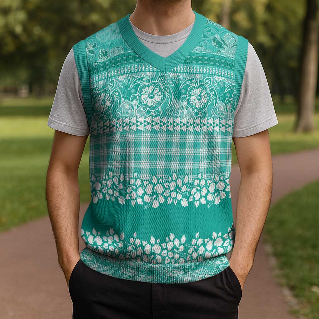 Hawaiian Hibiscus Honu Christmas Knitted V-Neck Vest Turquoise Mele Kalikimaka Palaka Spirit LT9 - Polynesian Pride