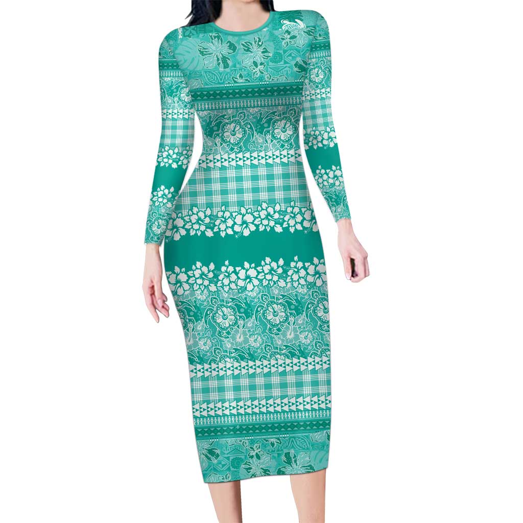 Hawaiian Hibiscus Honu Long Sleeve Bodycon Dress Turquoise Mele Kalikimaka Palaka Spirit LT9 Long Dress Turquoise - Polynesian Pride