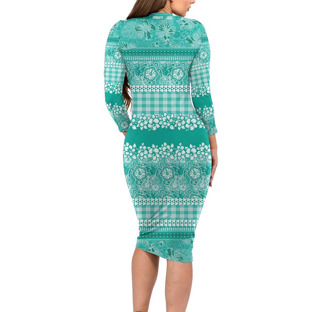 Hawaiian Hibiscus Honu Long Sleeve Bodycon Dress Turquoise Mele Kalikimaka Palaka Spirit LT9 - Polynesian Pride
