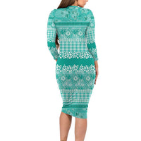 Hawaiian Hibiscus Honu Long Sleeve Bodycon Dress Turquoise Mele Kalikimaka Palaka Spirit LT9 - Polynesian Pride