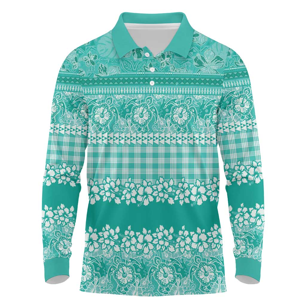 Hawaiian Hibiscus Honu Long Sleeve Polo Shirt Turquoise Mele Kalikimaka Palaka Spirit LT9 Turquoise - Polynesian Pride