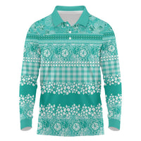 Hawaiian Hibiscus Honu Long Sleeve Polo Shirt Turquoise Mele Kalikimaka Palaka Spirit LT9 Turquoise - Polynesian Pride