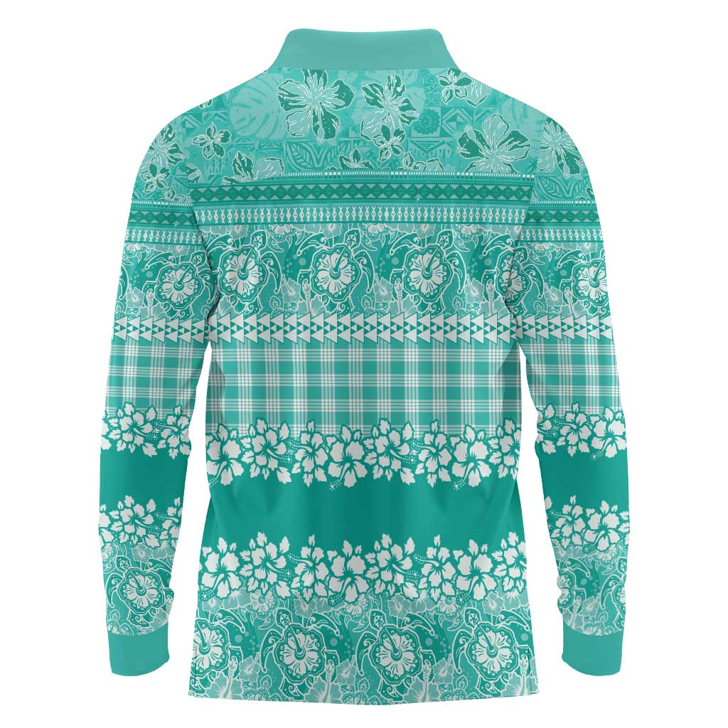 Hawaiian Hibiscus Honu Long Sleeve Polo Shirt Turquoise Mele Kalikimaka Palaka Spirit LT9 - Polynesian Pride