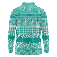 Hawaiian Hibiscus Honu Long Sleeve Polo Shirt Turquoise Mele Kalikimaka Palaka Spirit LT9 - Polynesian Pride