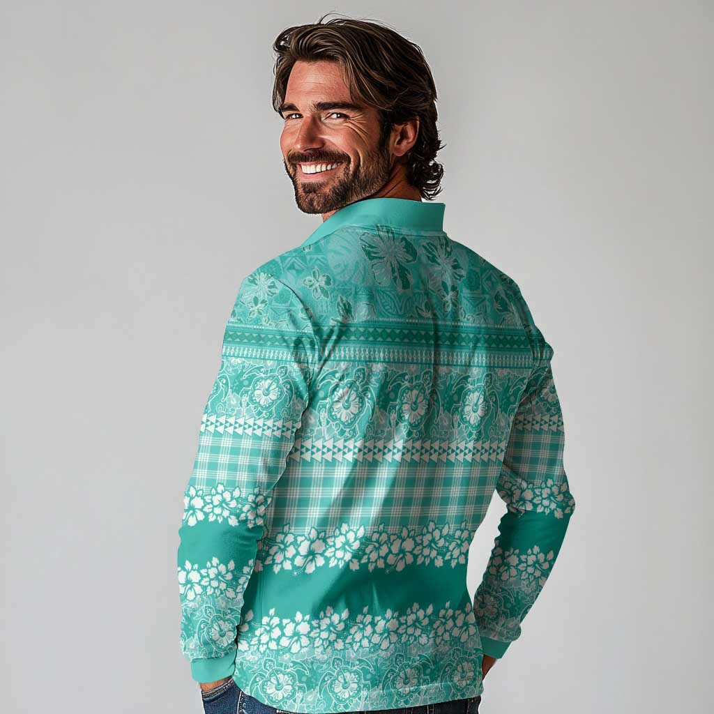 Hawaiian Hibiscus Honu Long Sleeve Polo Shirt Turquoise Mele Kalikimaka Palaka Spirit LT9 - Polynesian Pride